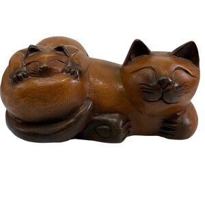 Hand carved Rustic MCM Cat Kitty Wooden Sleeping Mommy Laying Statue SO CUTE!